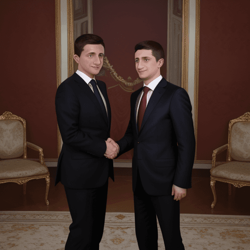 AI generated: High resolution photography Vladimir Putin shaking hands with Volodimir Zelensky