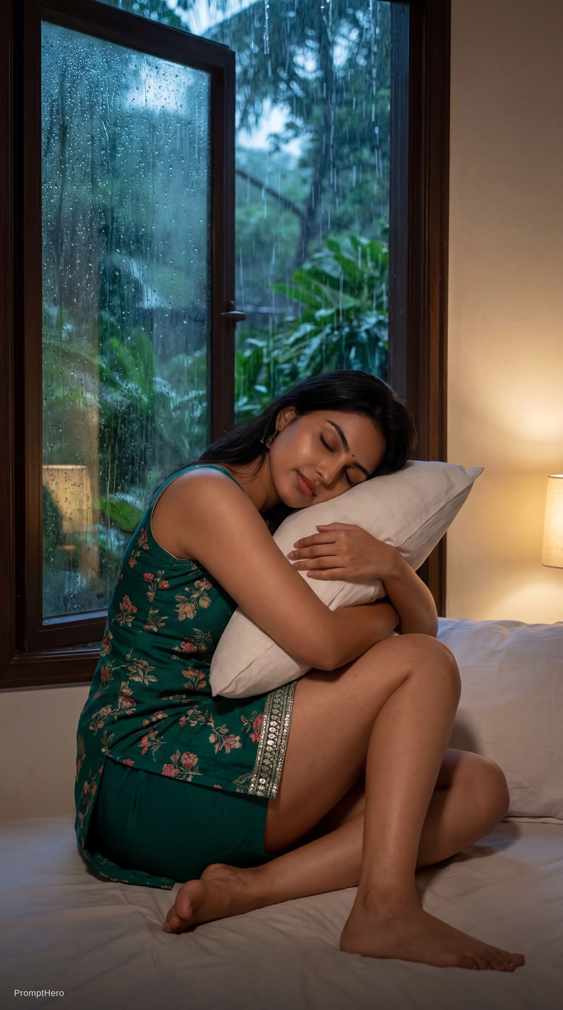 AI generated: Monsoon late night rain scene, window half open with rain sound coming inside. The woman including s...