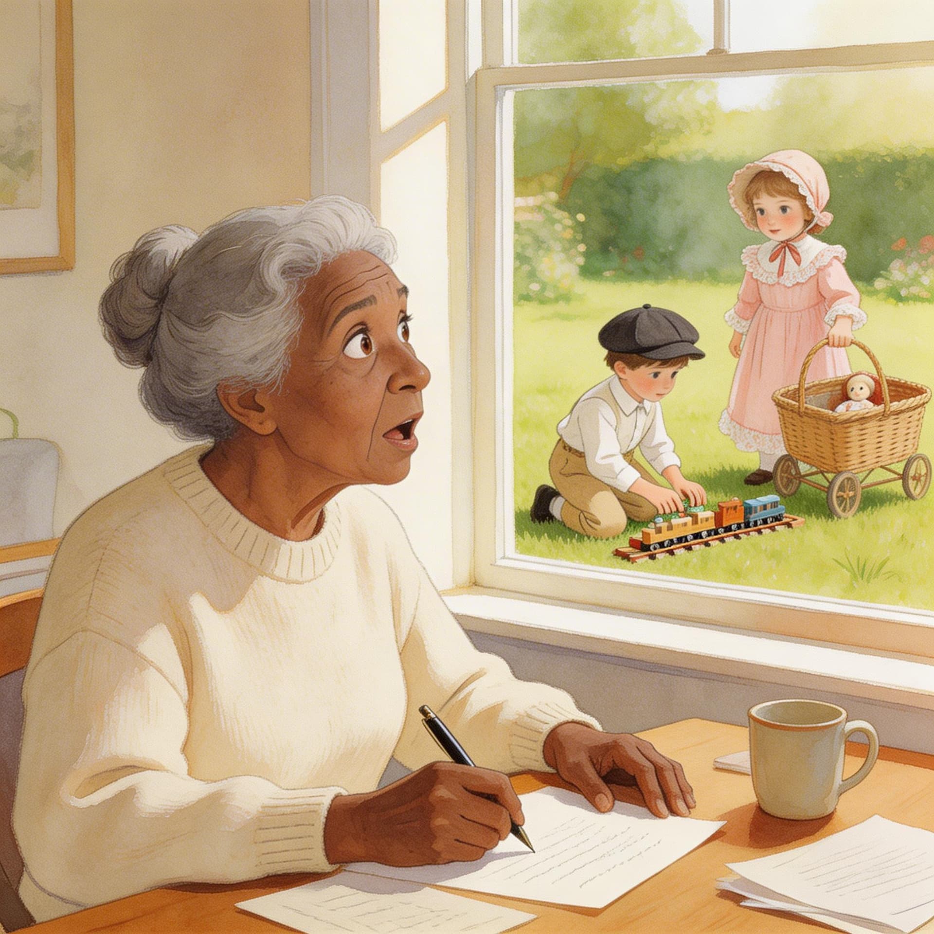 AI generated:  In the year 2026, a modern dark-brown-skinned grandma sitting at her desk writing a letter as she l...