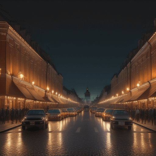 AI generated: a city street filled with lots of traffic at night, a photo, neoclassical police station, late summe...