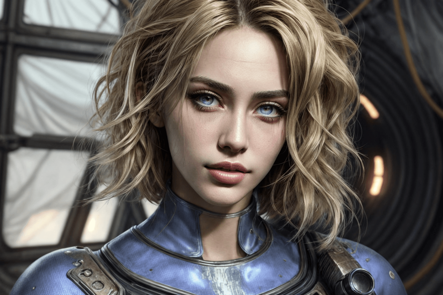 AI generated: full body:1.5, dynamic angle, ultra-detailed, beautiful girl, age 26, vaultsuit, hacking computer, n...