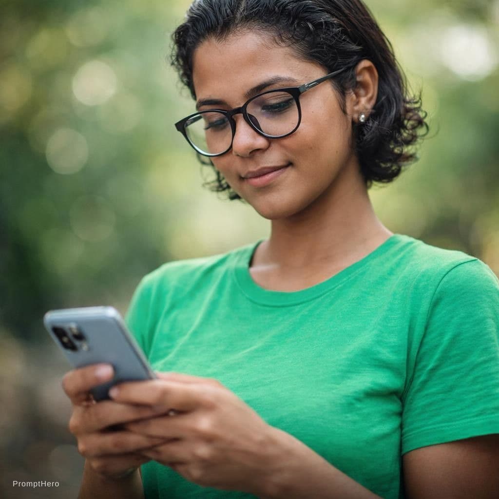 AI generated: Portrait ultra réaliste d’une jeune femme regardant son téléphone, pose naturelle et détendue, expre...
