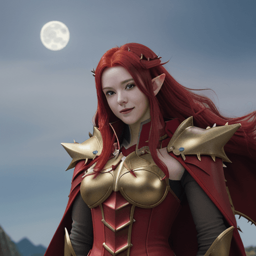 AI generated: anime, red hair, red armor, gold trim, greatsword, dragon horns, spiky armor, elf ears, wind blowing...