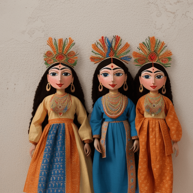 AI generated: Rajasthan Traditional handcrafted puppets, adorned in vibrant ethnic attire, hang in a row against a...
