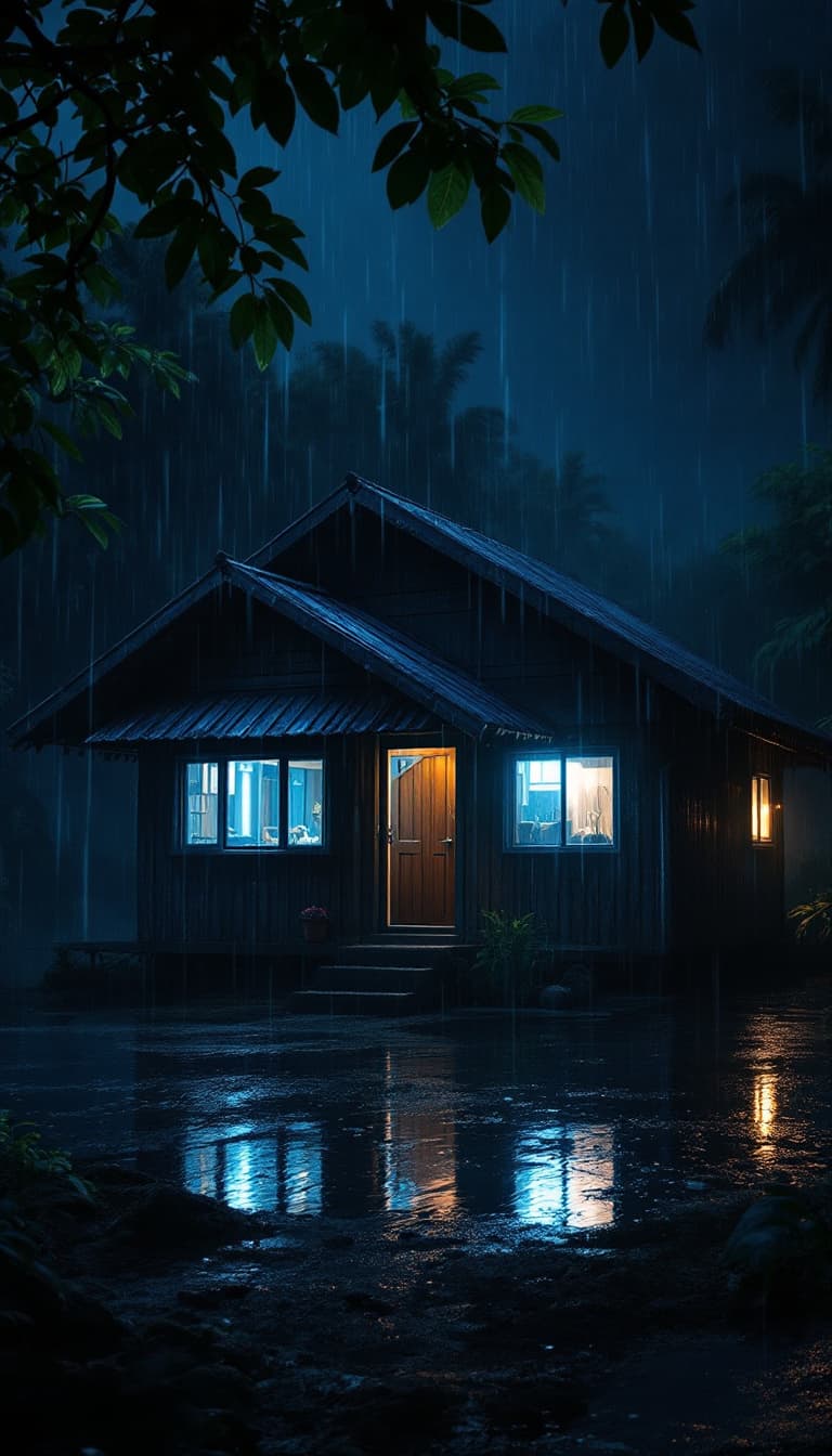 AI generated: A hyper-realistic 8K scene during an intense storm on a very dark night. The image centers on an iso...