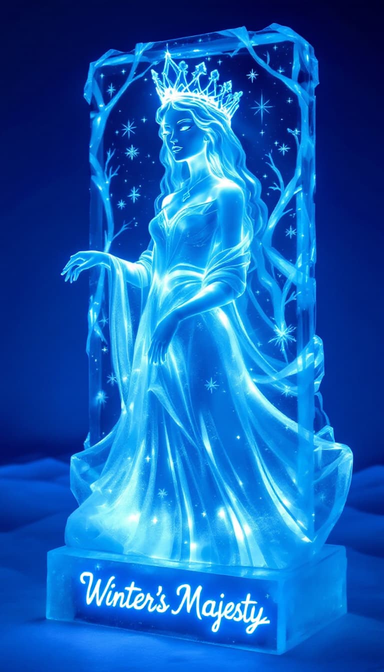 AI generated: Design a card featuring an ice sculpture of a Winter Queen, her transparent figure shimmering softly...