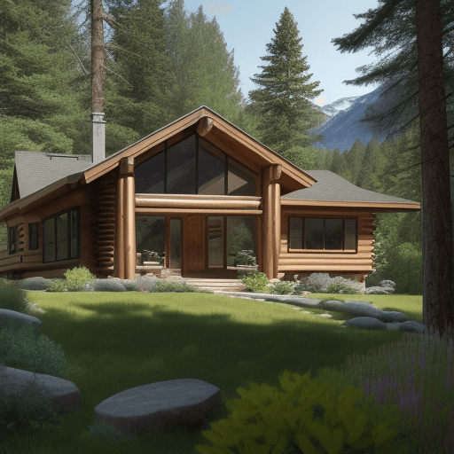 AI generated: Hyper realistic eye level exterior photo of a mid century LOG style house overlooking mountain meado...