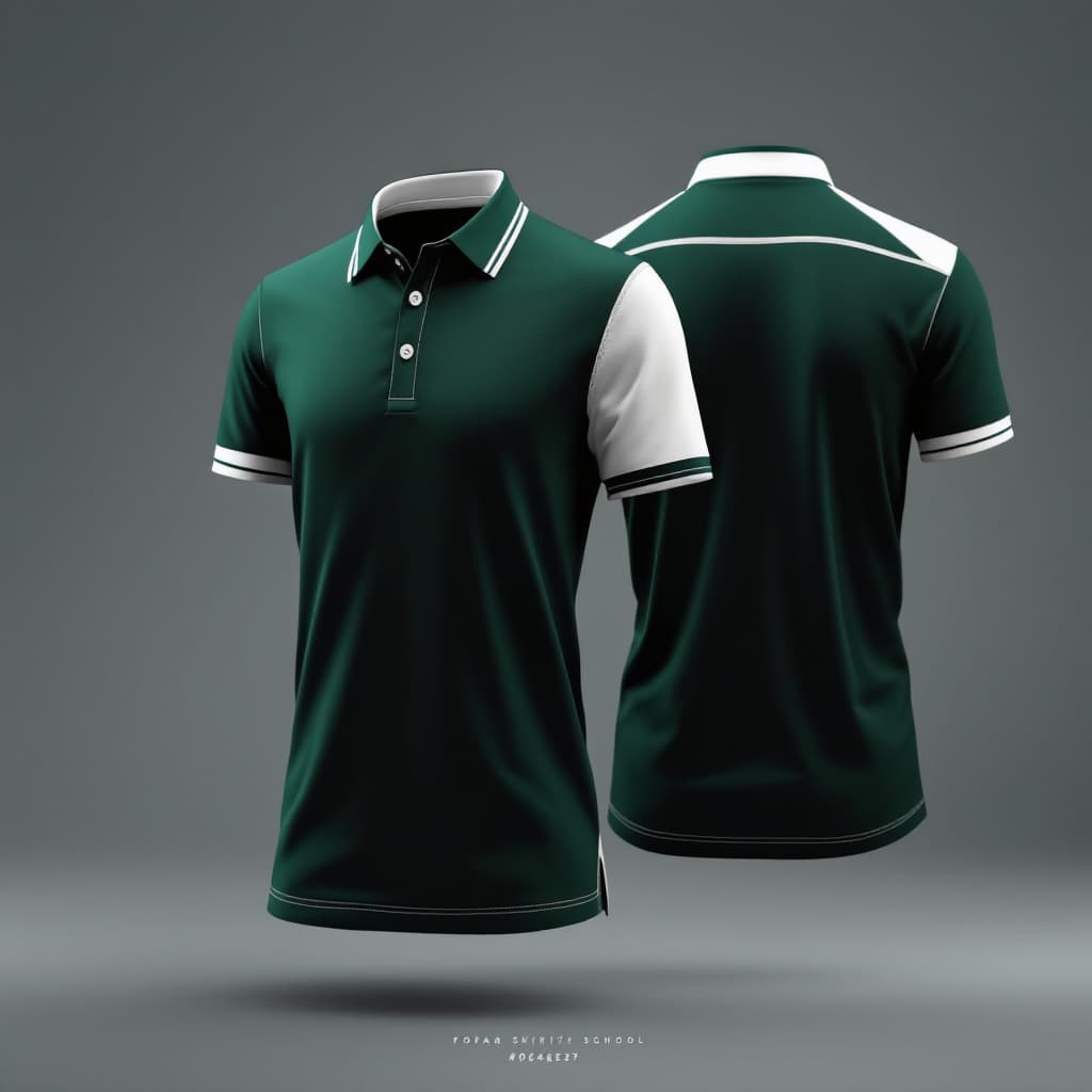 AI generated: A formal polo shirt design for a prestigious school, featuring a deep forest green color (#064E2E) a...