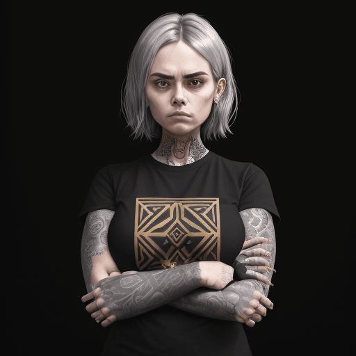 AI generated: a woman in black shirt with her arms folded against , in the style of tattoo, normcore, dark silver ...