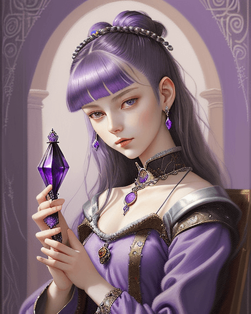 AI generated: oil painting, emperor's daughter, 16 years old, medieval ball lilac dress, brunette hair, high hairs...