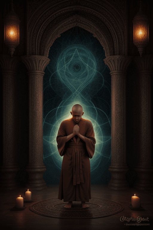 AI generated: man Monk in robe prays in lotus pose, fantasy art, (dark atmosphere), cinematic, intricate, mystical...