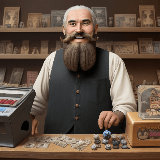 AI generated: an old toy seller with a big mustache and a beard on his face stands behind the cash register and sm...