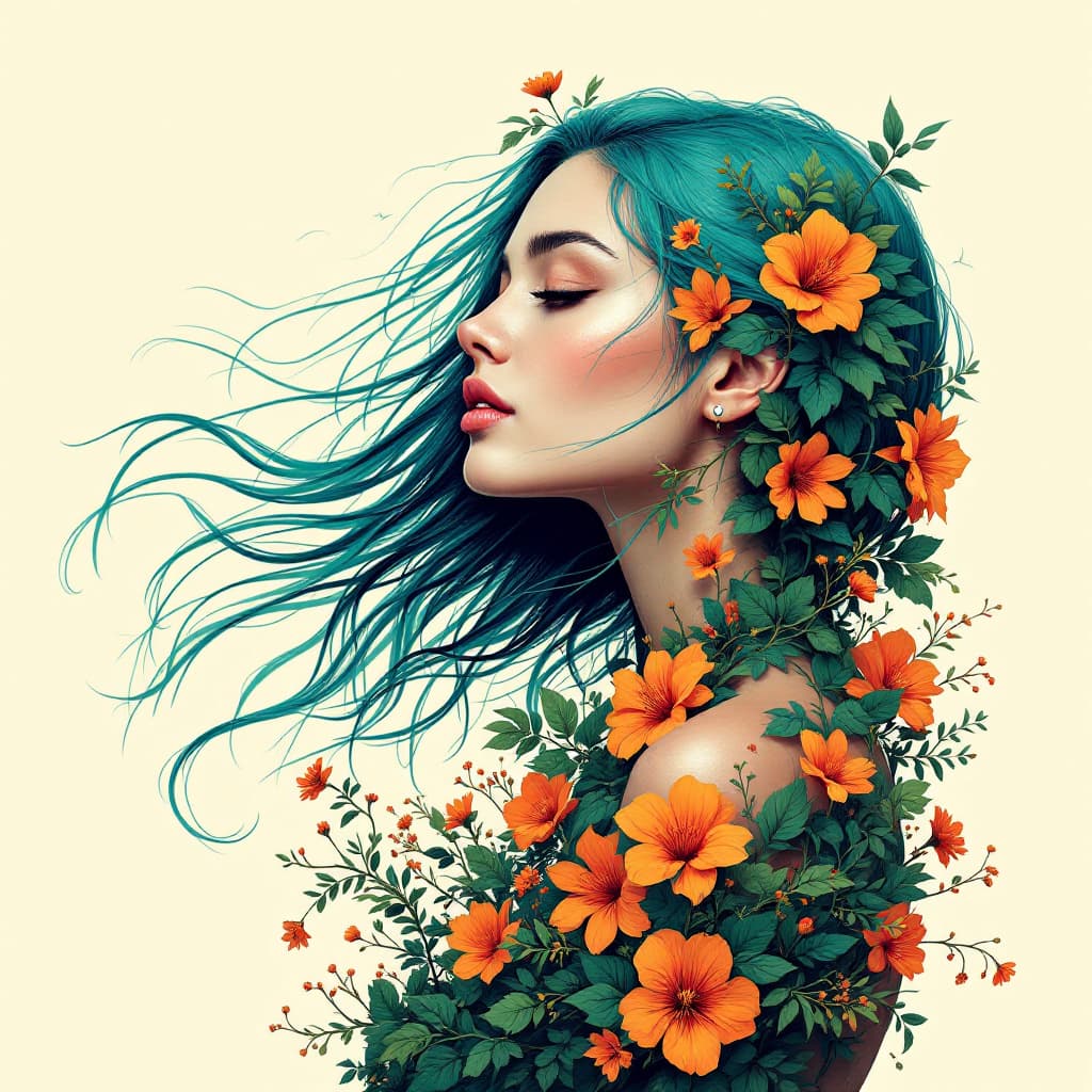 AI generated: A stylized profile of a woman with flowing teal hair intertwined with vibrant orange flowers and gre...