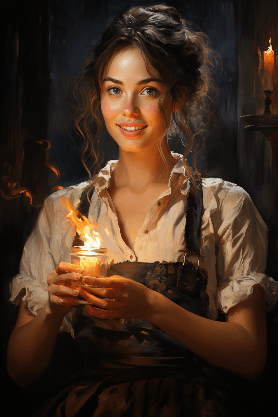 AI generated: A warm, impressionistic painting of a super cute woman smiling gently, her big reflective eyes focus...