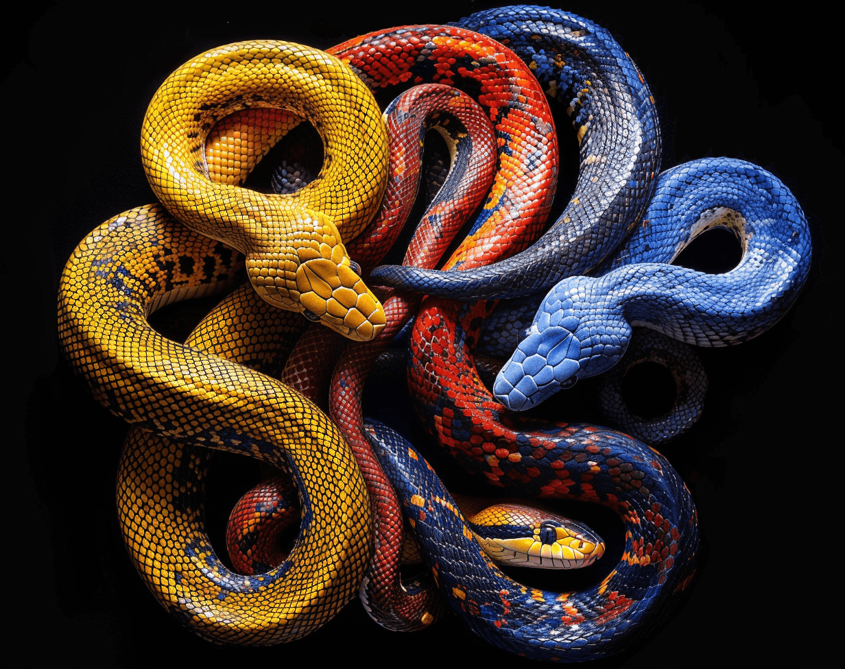 AI generated: 3 different snakes, with red, yellow and blue scales, curled up together on a black background, in t...