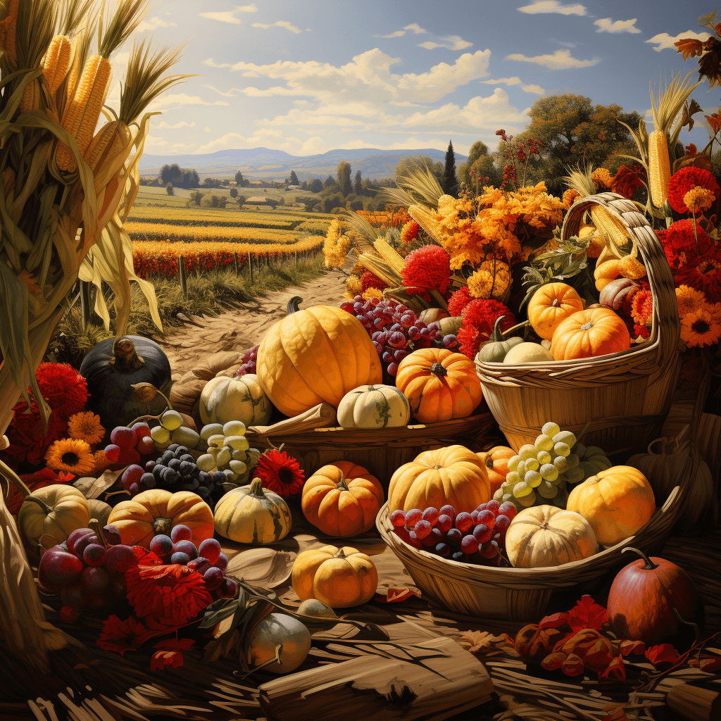 AI generated: Classic traditional cornucopia at the fall harvest festival, farm in the background, high quality ma...