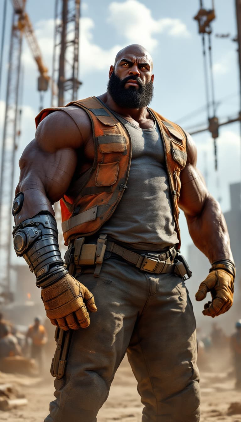 AI generated: A photorealistic candid shot of a towering, muscular man with dark skin, a thick beard, and an inten...