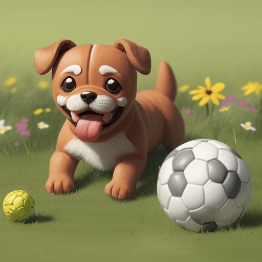 AI generated: create a dog, small, with a ball in his teeth, with grass and flowers around him.
