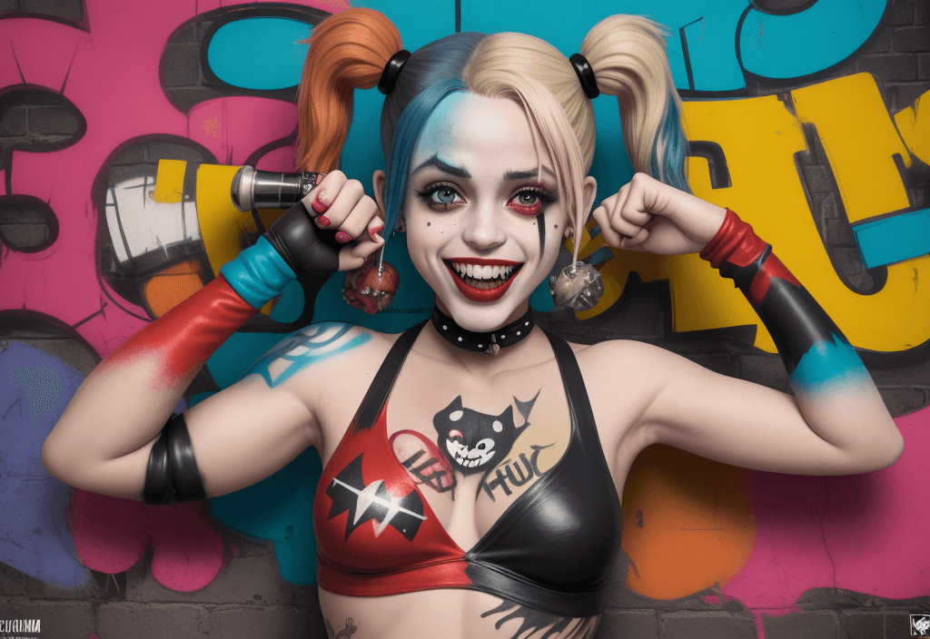 AI generated: Harley Quinn do navio suicida, em uma pose provocante, segurando um grande cartaz colorido que diz "...