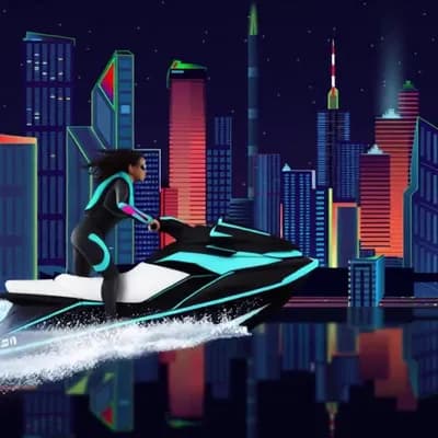 AI generated video: a woman riding a jetsky in front of the city
