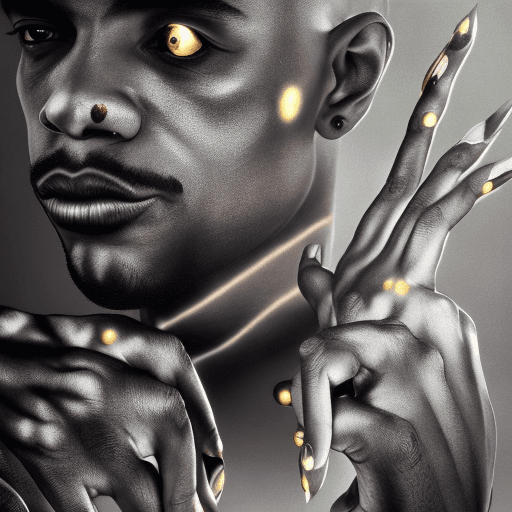 AI generated: A Black man with a metallic gold hand holding a tattoo needle and placing dots on the top of his hea...