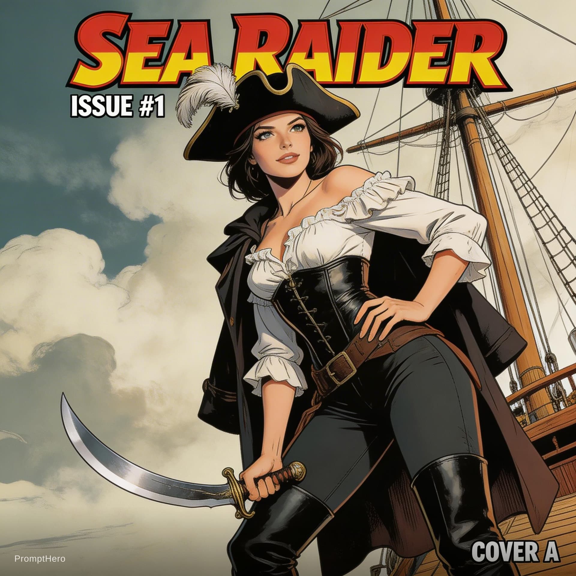 AI generated: Comic book cover illustration, full body shot 3/4 low-angle view of a young beautiful female pirate ...