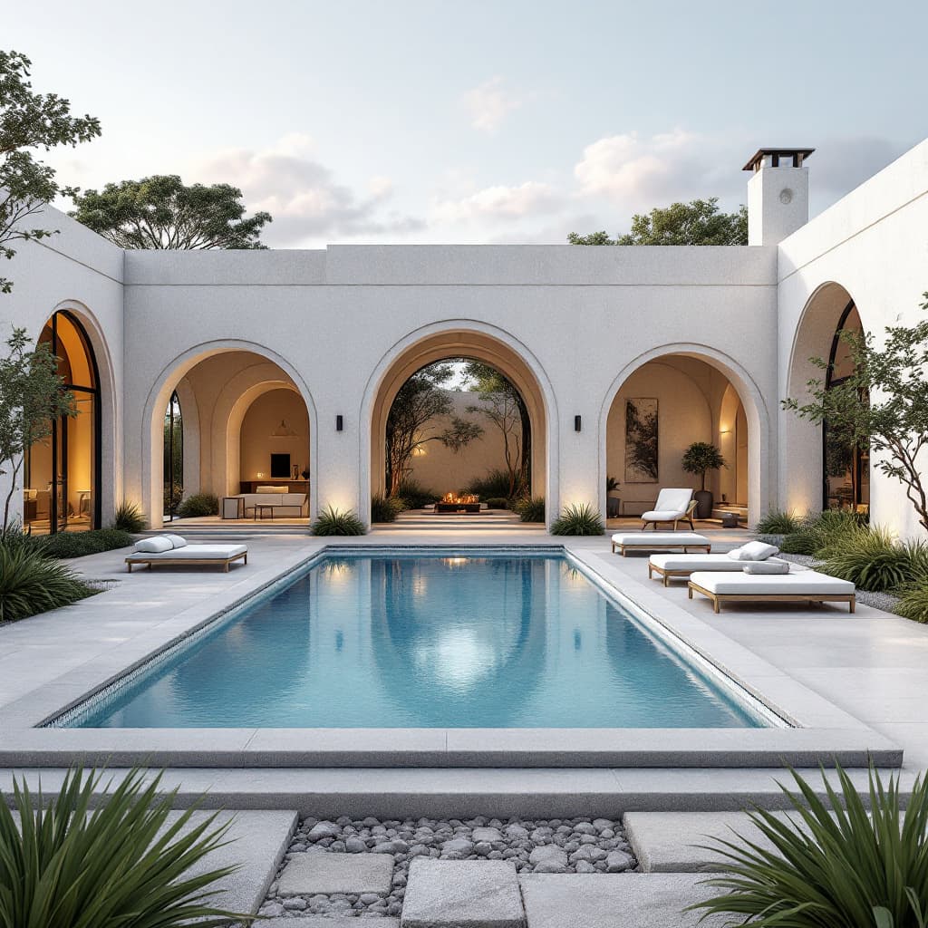 AI generated: beautiful modern courtyard house with a swimming pool and arches in the middle of nowhere, archdaily...
