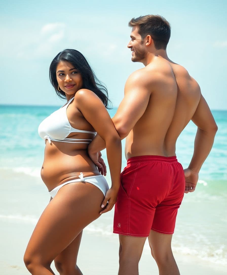 AI generated: Couple, beach, full face visible, sexual, muscular, Indian woman medium plus size with bright skin t...