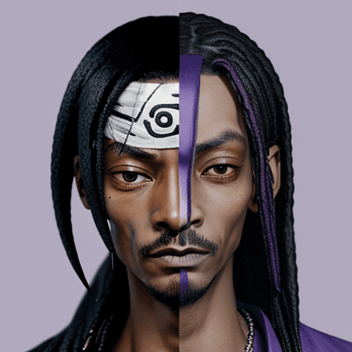 AI generated: orochimaru from naruto with the face of snoop dogg. purple background