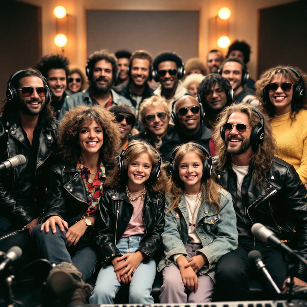 AI generated: A lively 1980s recording studio scene, showing a diverse group of musicians and artists, all wearing...