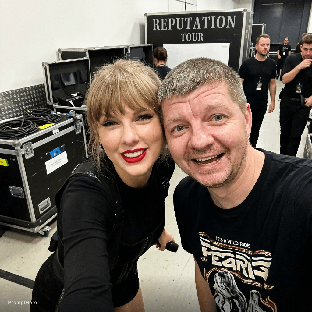 AI generated: with Taylor Swift backstage at a concert, excited fans vibe