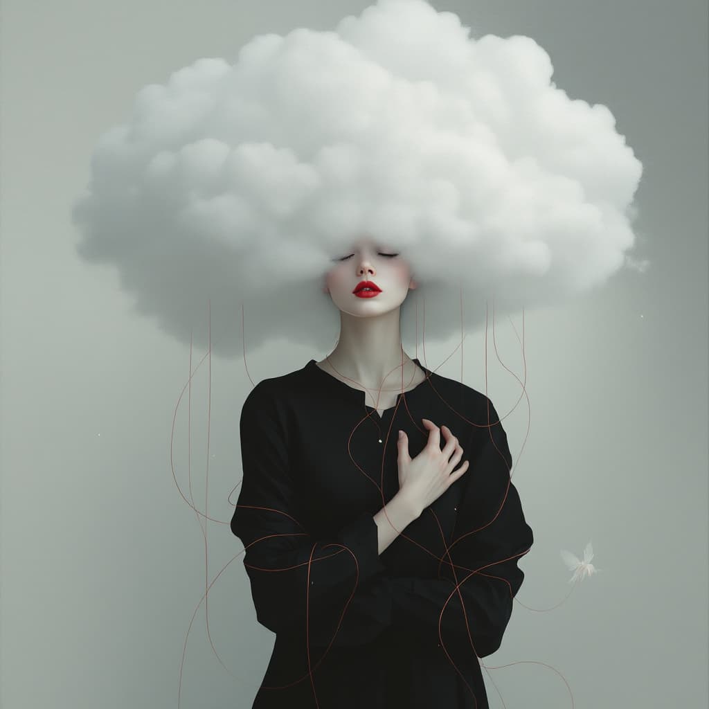 AI generated: G mixed oil illustration featuring a pale woman with a large, foggy white cloud for hair in mysterio...