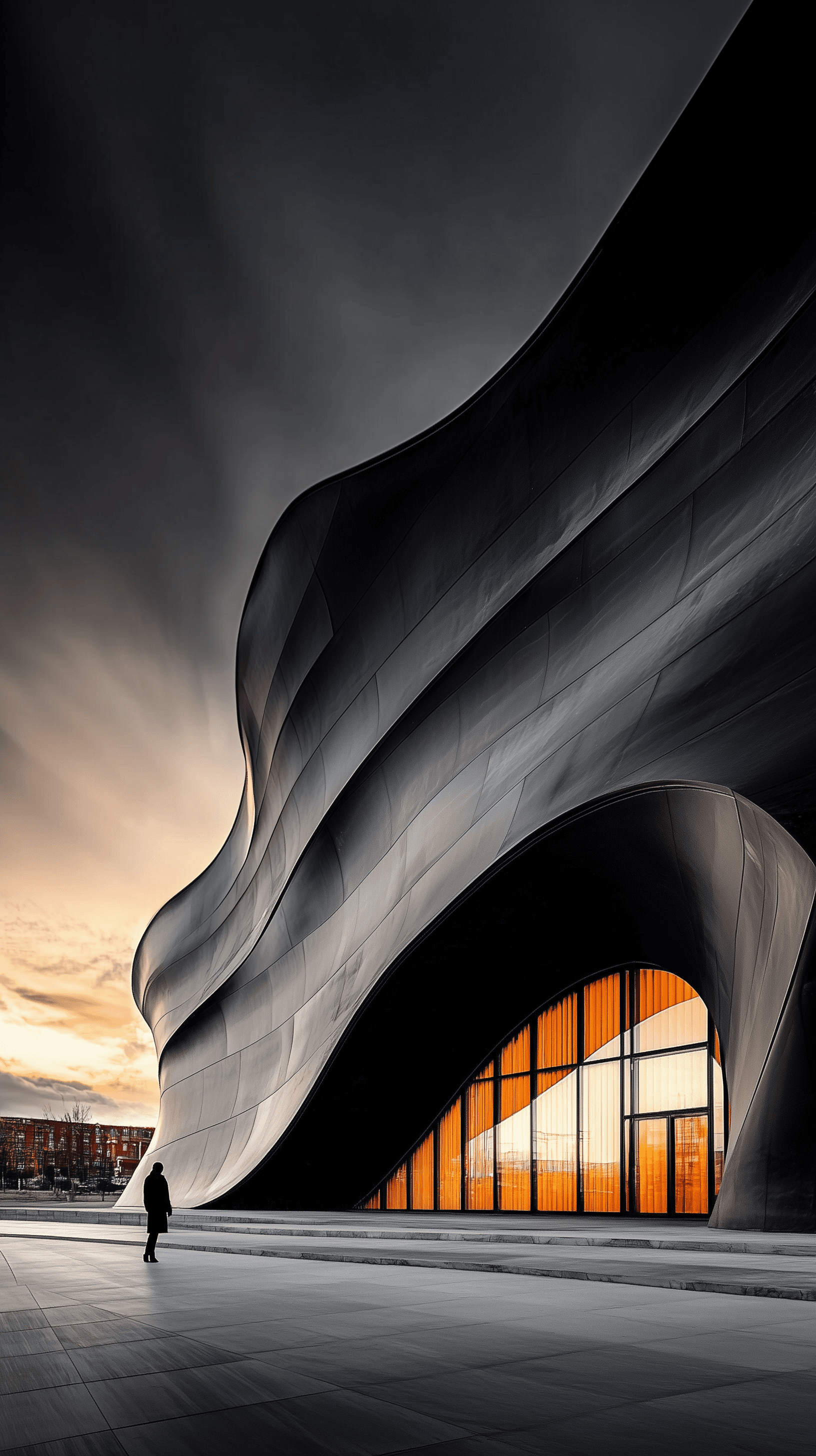 AI generated: architectural photography, commercial building with undulating black facade, shot on canon eos r5 wi...