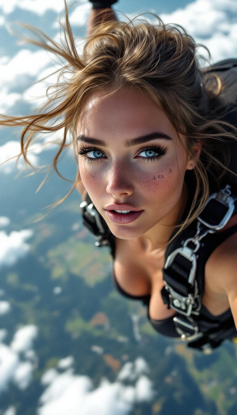 AI generated: Incredibly beautiful Norwegian with blue eyes, long eyelashes, black eyeliner, freckles, dimples on ...