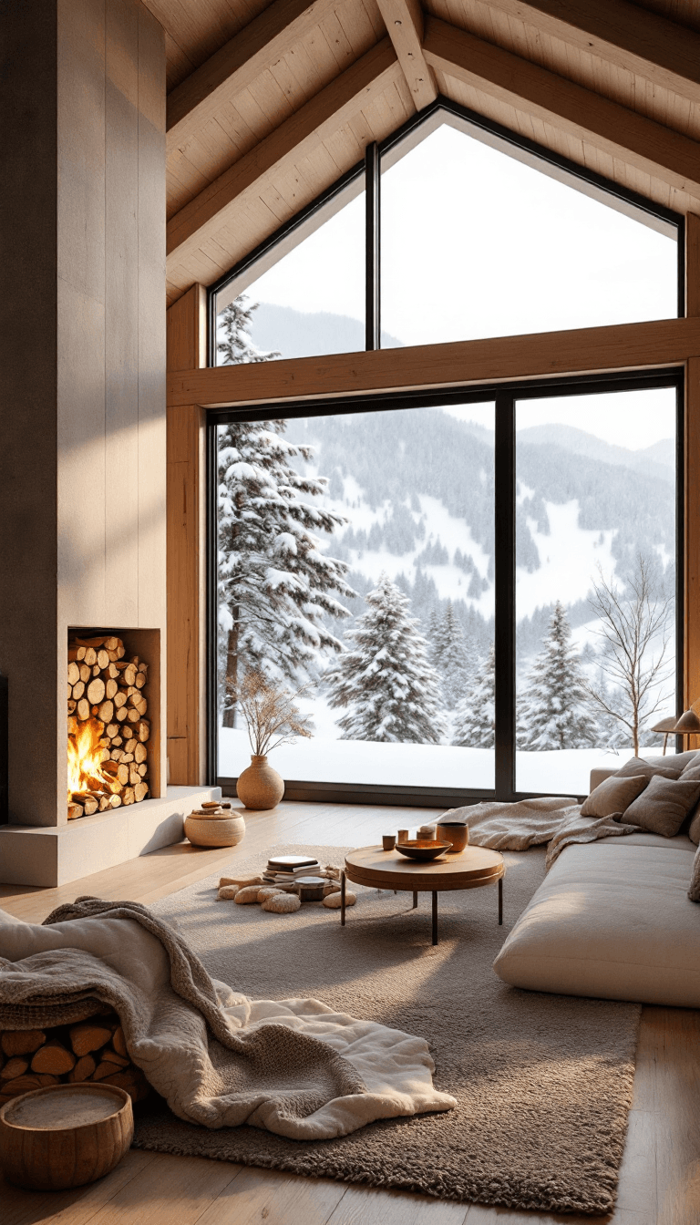 AI generated: a cozy living room in a wooden chalet, big fireplace, stacked firewood, big window with views of ski...