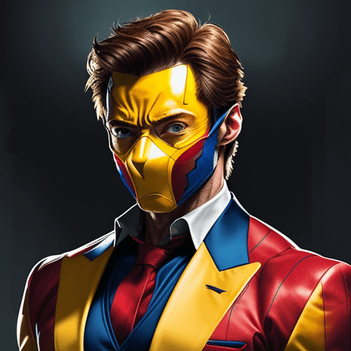 AI generated: HUGH JACKMAN IN A SPIDER-WOLVERINE YELLOW/RED AND BLUE
 SUIT WITH A MASK

