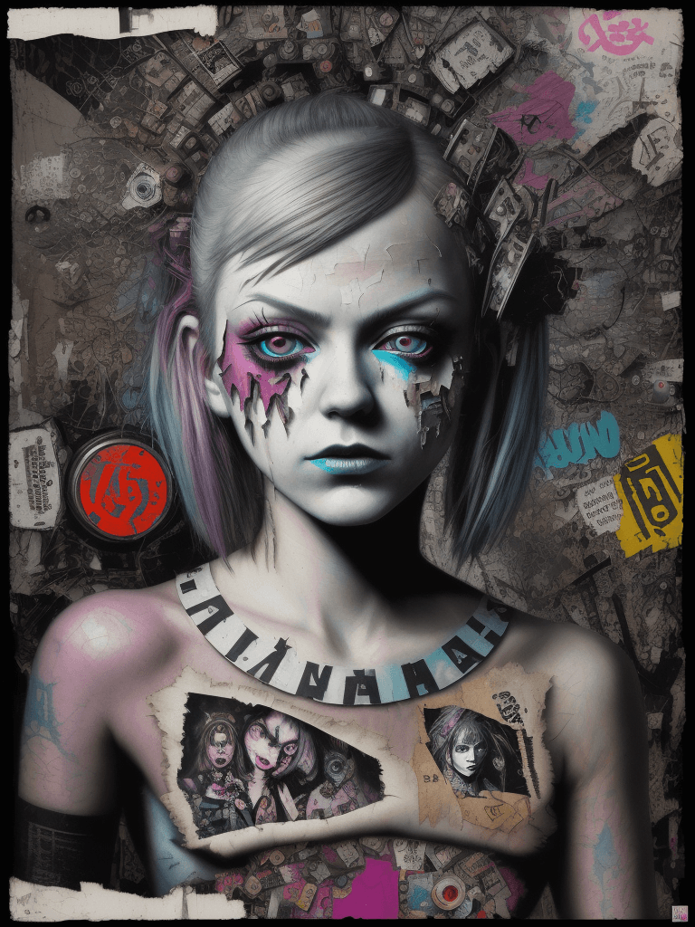 AI generated: Ultra detailed medium portrait painting, alice in wonderland, torn up punk poster, broken circuitry ...