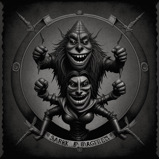 AI generated: Smiling Dark Puppet Fighting Monsters, A Dark Fantasy in Escher's Style