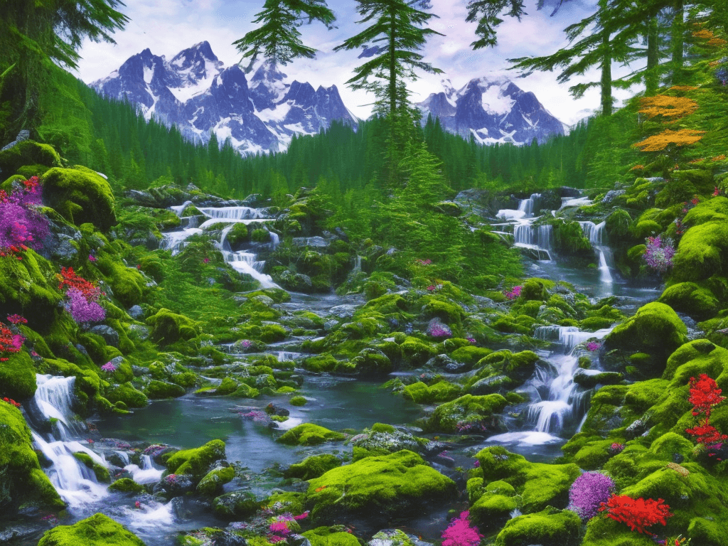 AI generated: fantastic mountain and lake,  colorful flower, amazing landscape,  woodland waterfall, cascading ove...