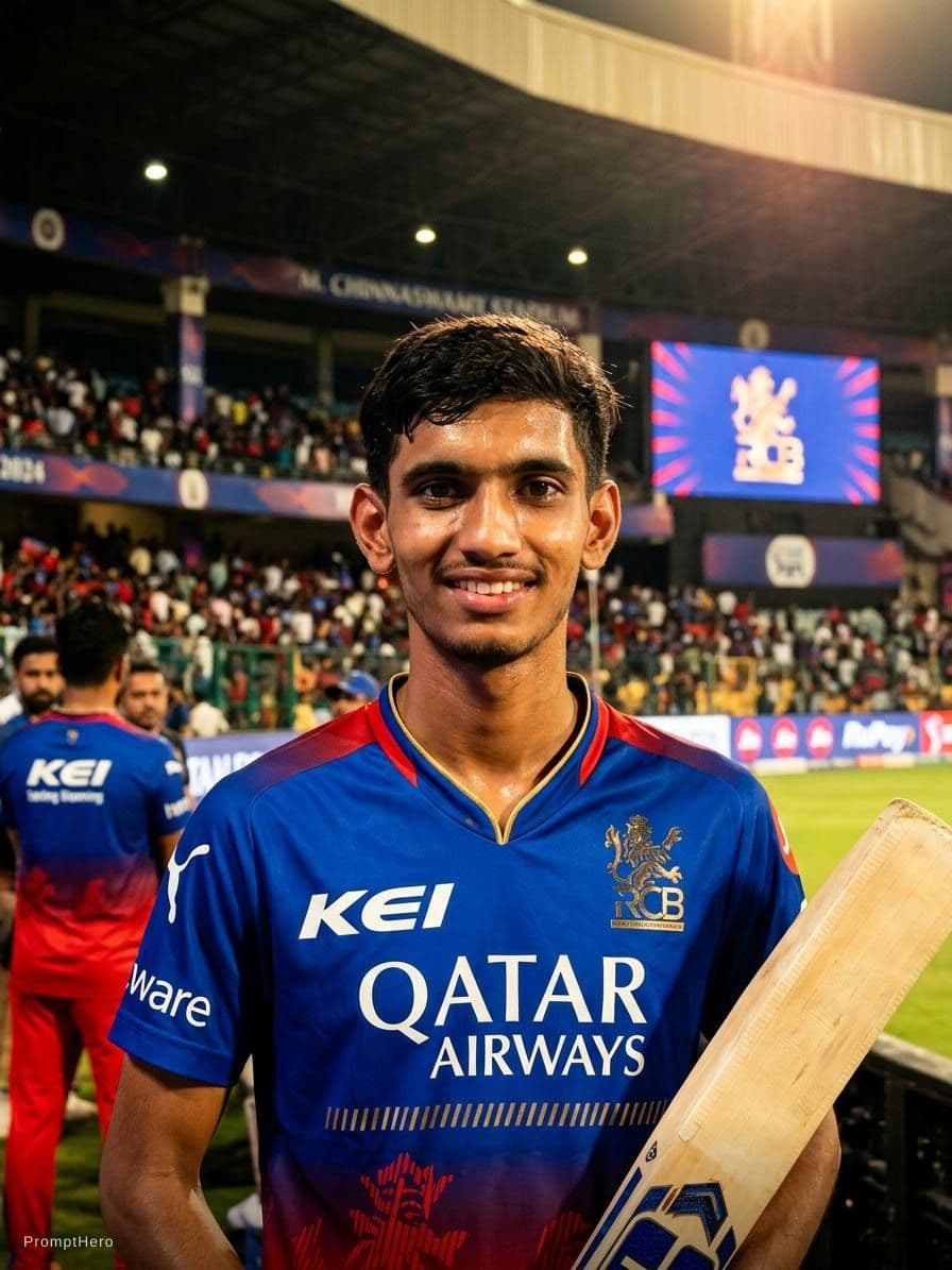 AI generated: Realistic HD cricket ground with RCB jersey .