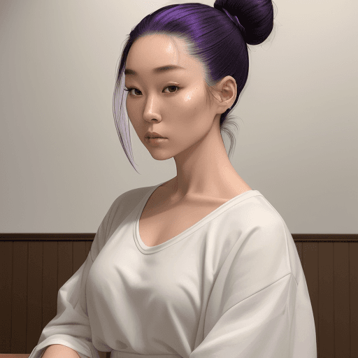 AI generated: "A woman with a unique appearance, showcasing her natural East Asian features. Her deep purple hair ...