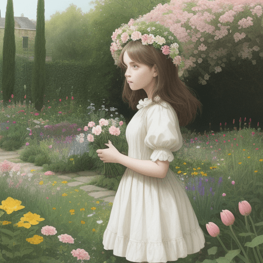 AI generated: a girl in a garden full of flowers