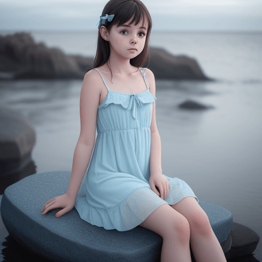 AI generated: Cute young lady in a soft blue mini sundress in the style of a thin fabric, sitting on a stone in th...