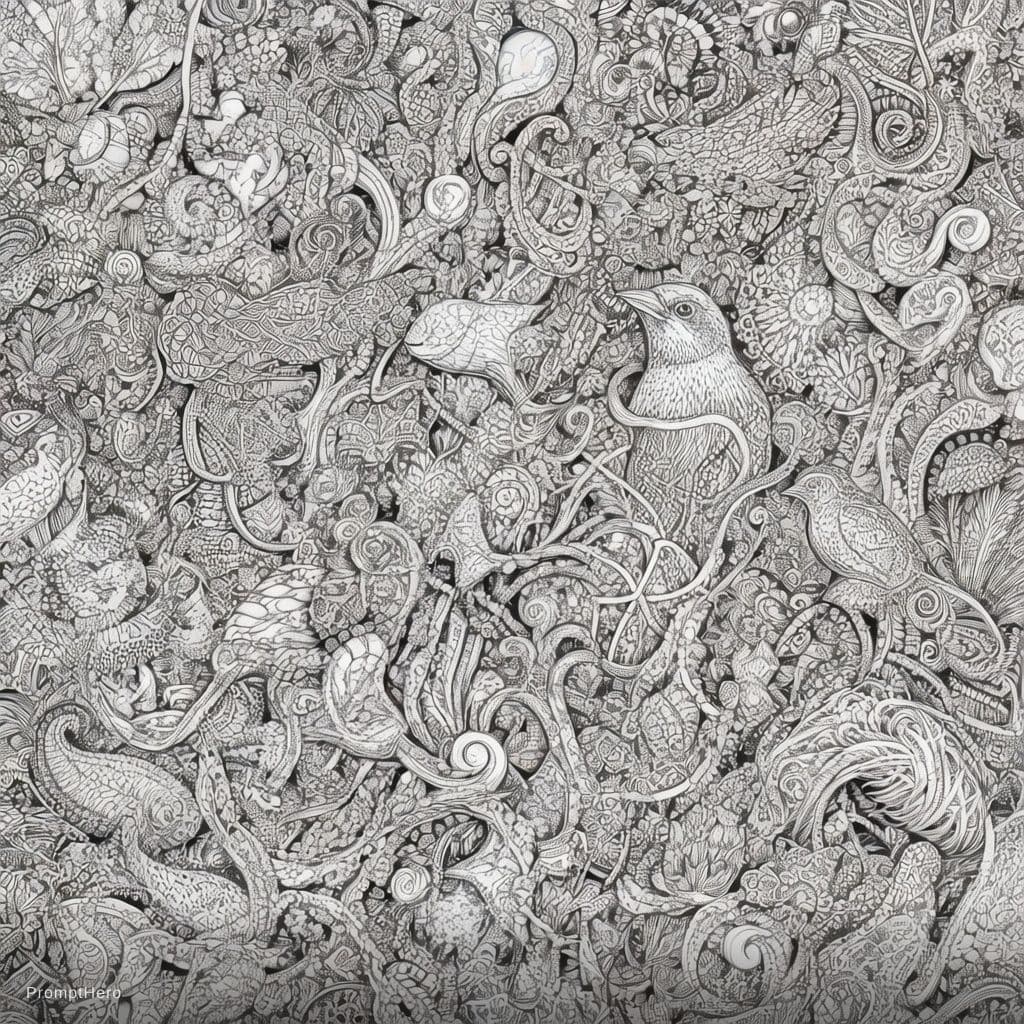 AI generated: An intricate, dense, full-page adult coloring book line art composition. The style is defined by cle...