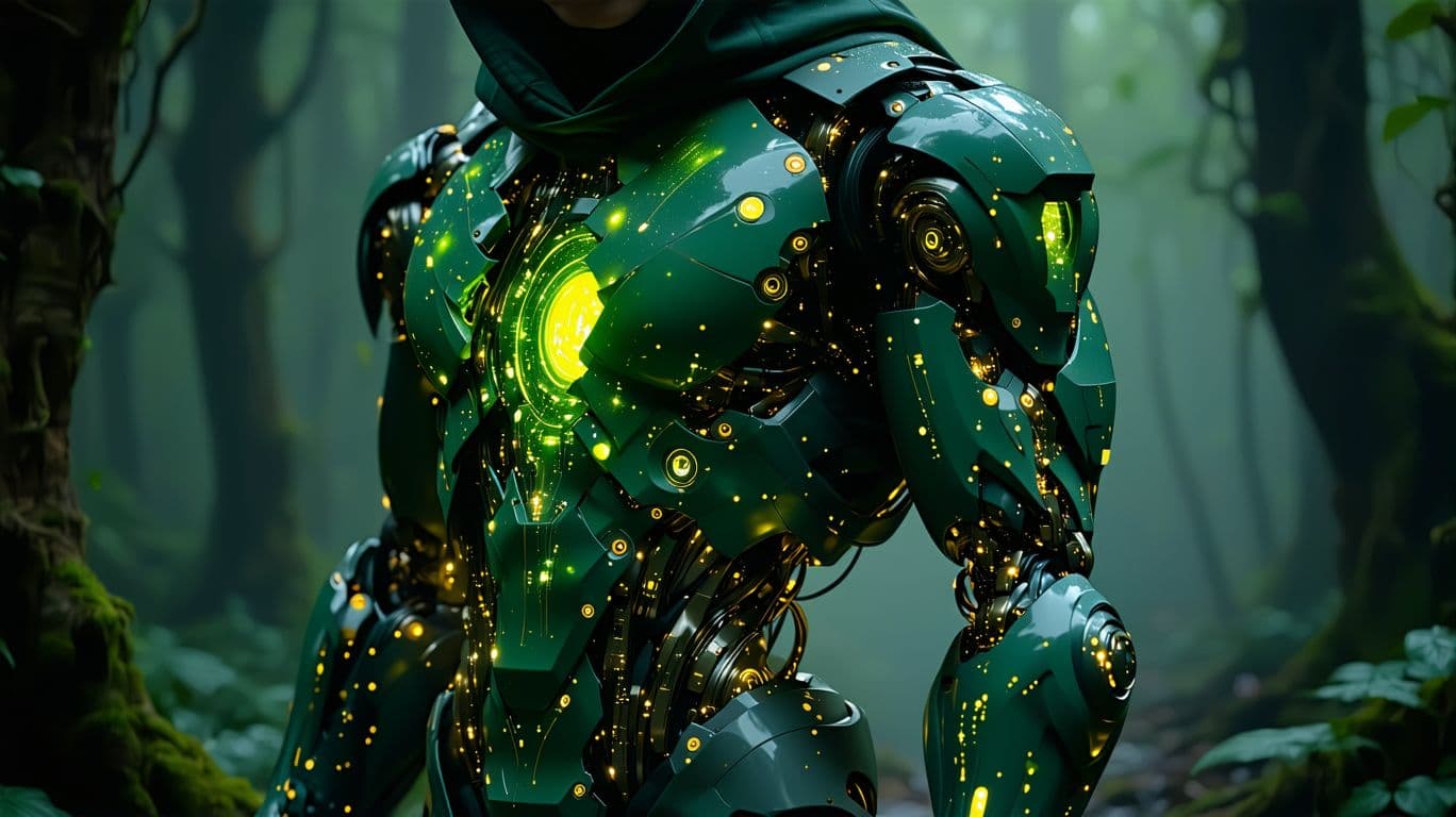 AI generated: A digital fantasy artwork showing a close-up of a person's torso with glowing green and golden biome...