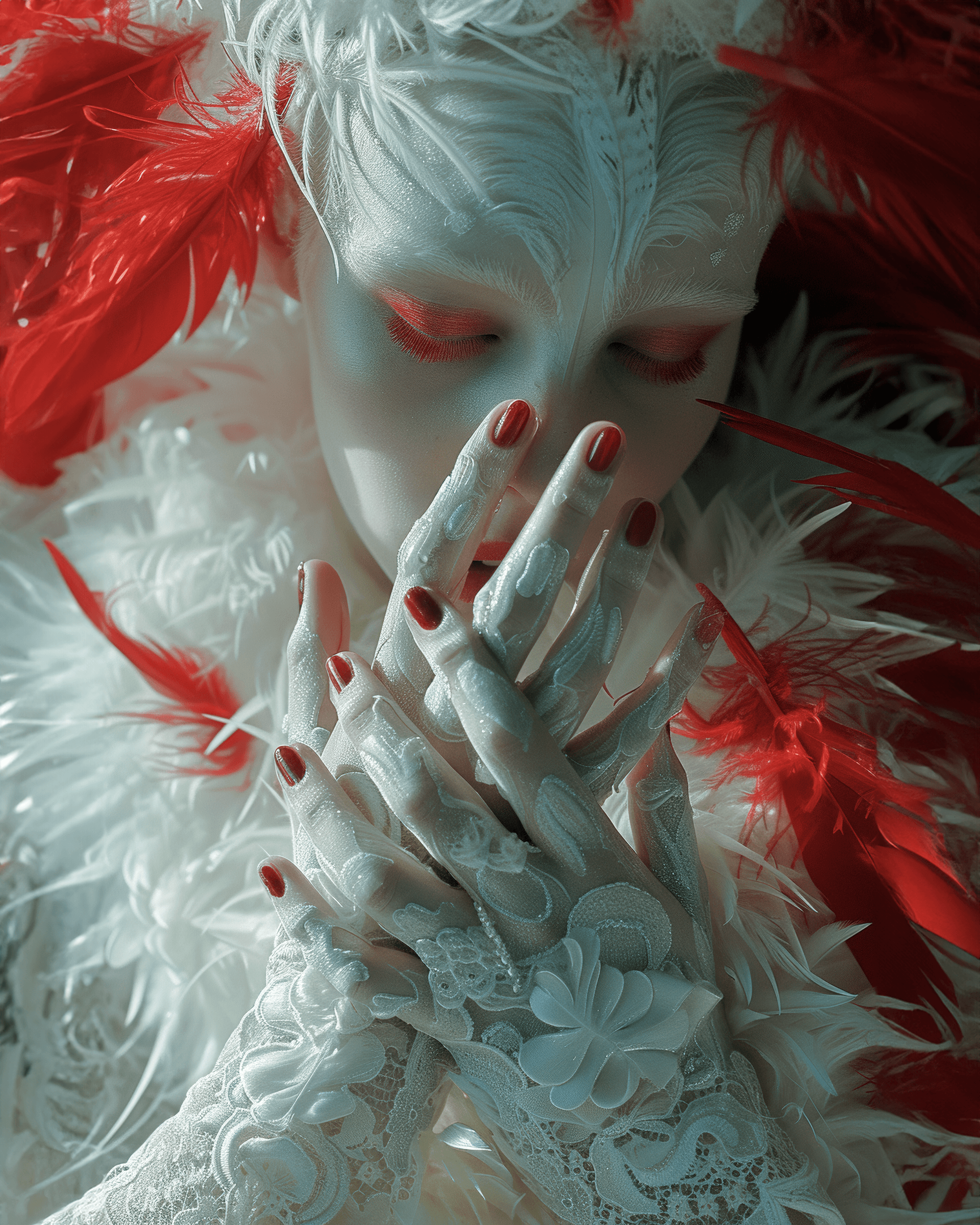 AI generated: the woman's hands are covered with feathers, in the style of nightmarish creatures, white and crimso...