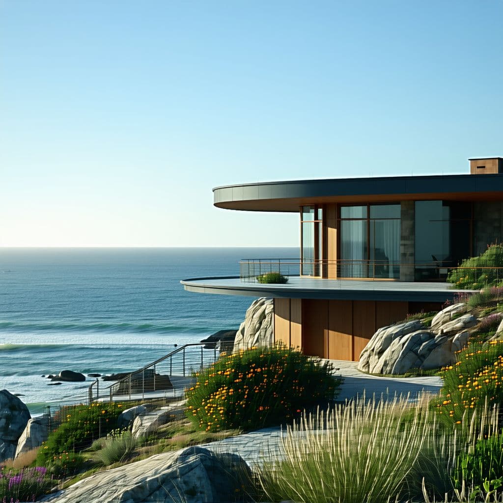 AI generated: Hyper realistic eye level exterior photo of a mid century modern style house overlooking the ocean, ...
