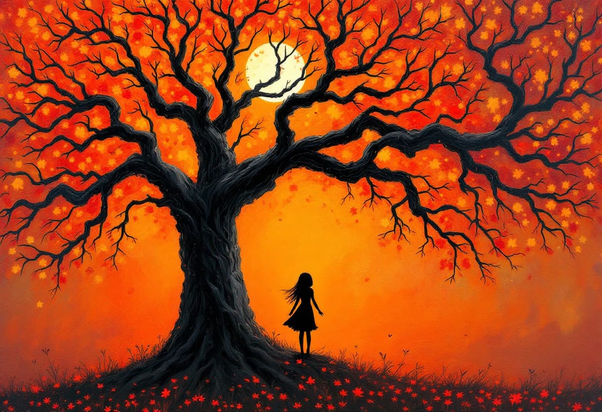 AI generated: Impressionist oil painting, The gothic girl, beautiful, adorable, playful, tree of life, all-orange ...