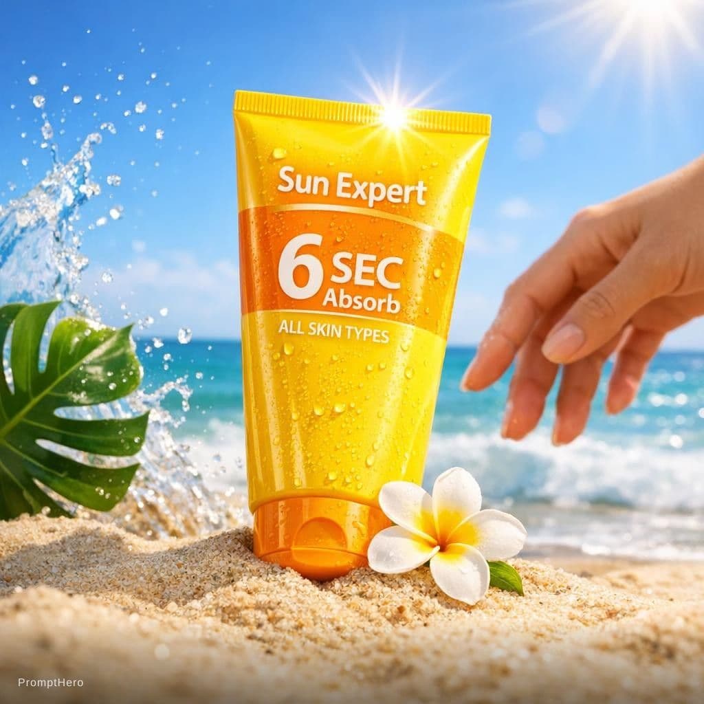 AI generated: {
  "scene": "Product Photography - Sunscreen on Beach",
  "subject": {
    "type": "sunscreen tu...