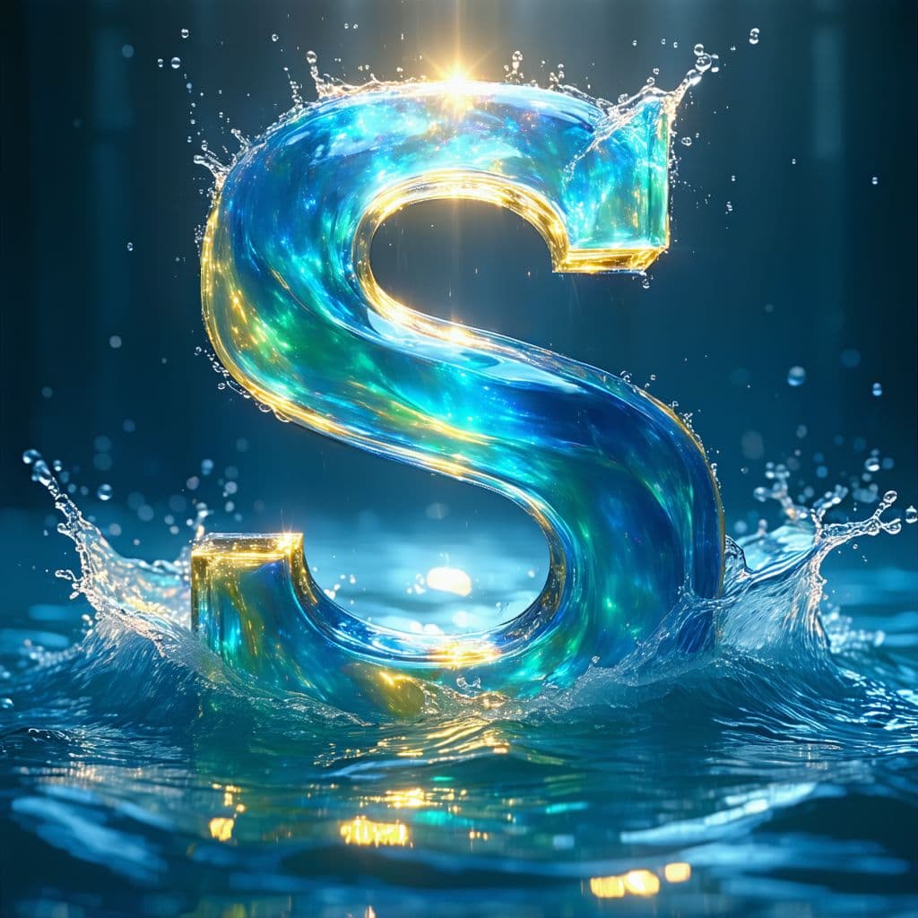 AI generated: 3D render of the letter [S], periwinkle and canary yellow color blend, under the water, swirling wat...
